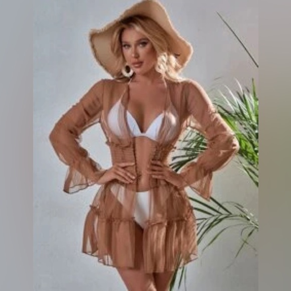 Brown bathing suit cover. See through